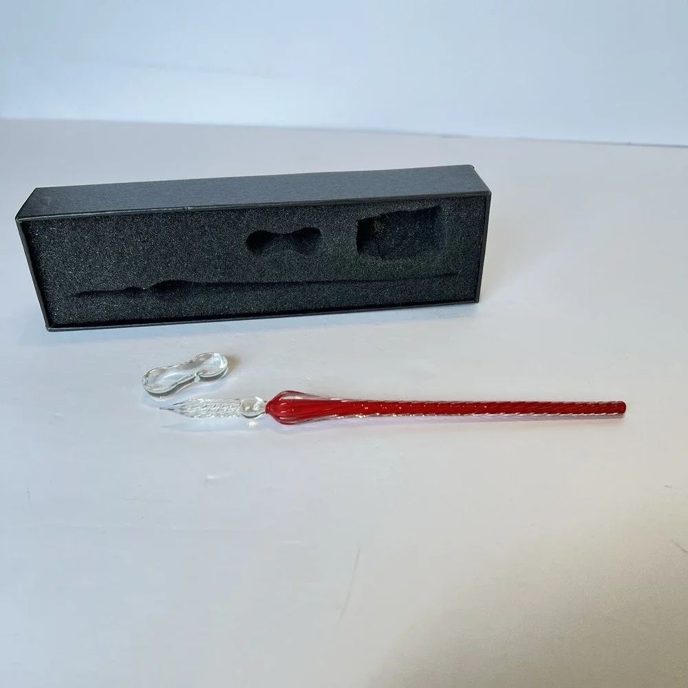 Hand Blown Red Glass Dip Pen Set with Rest and Box‎ Spiral Twisted Calligraphy